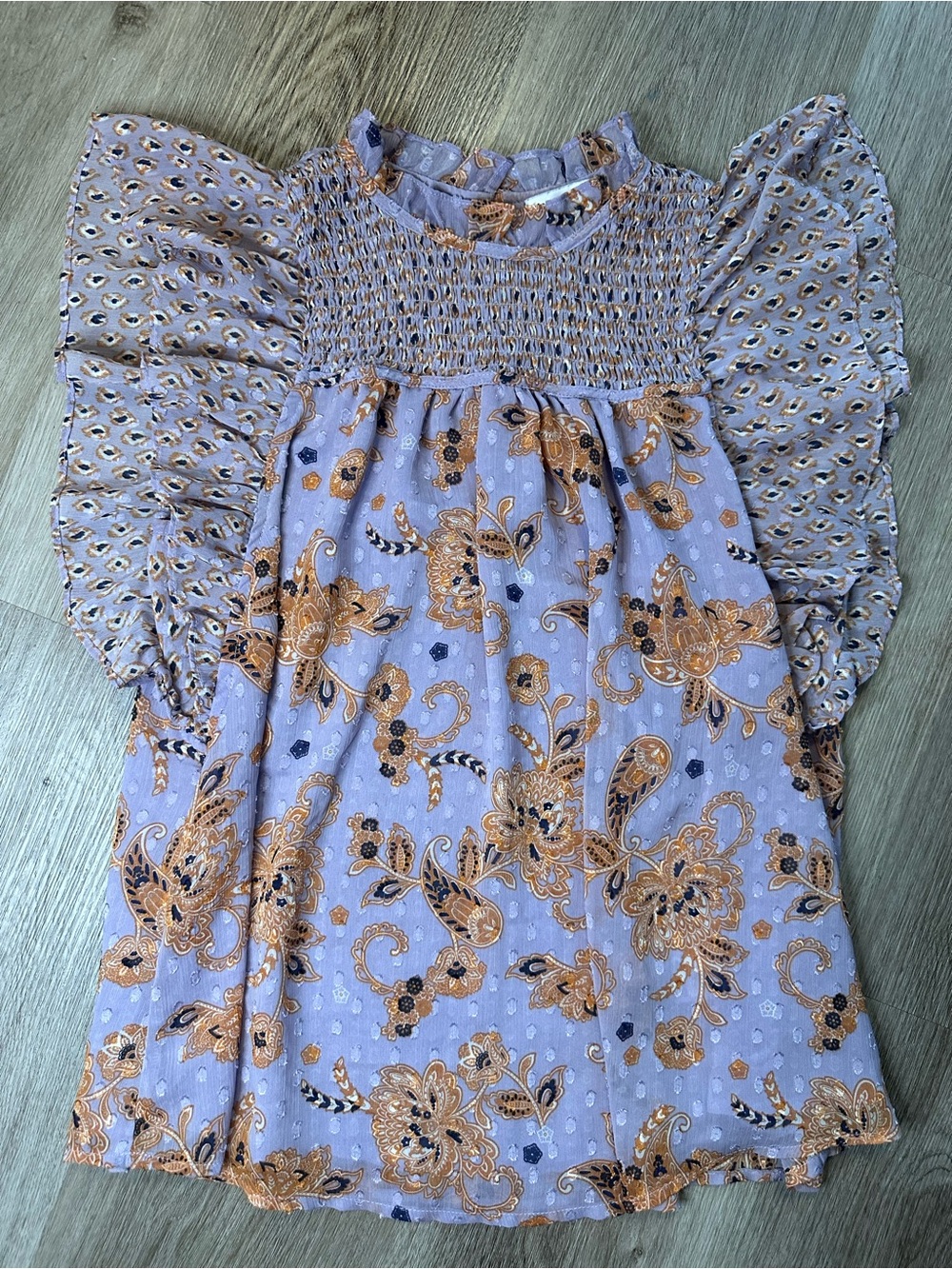 Floral Smocked Lavender Blouse with Ruffled Sleeves
